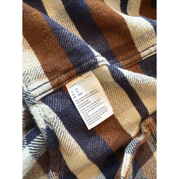 American Eagle AE Removable Hoodie Flannel Plaid Button Up Brown Blue Men's XS - Picture 8 of 11